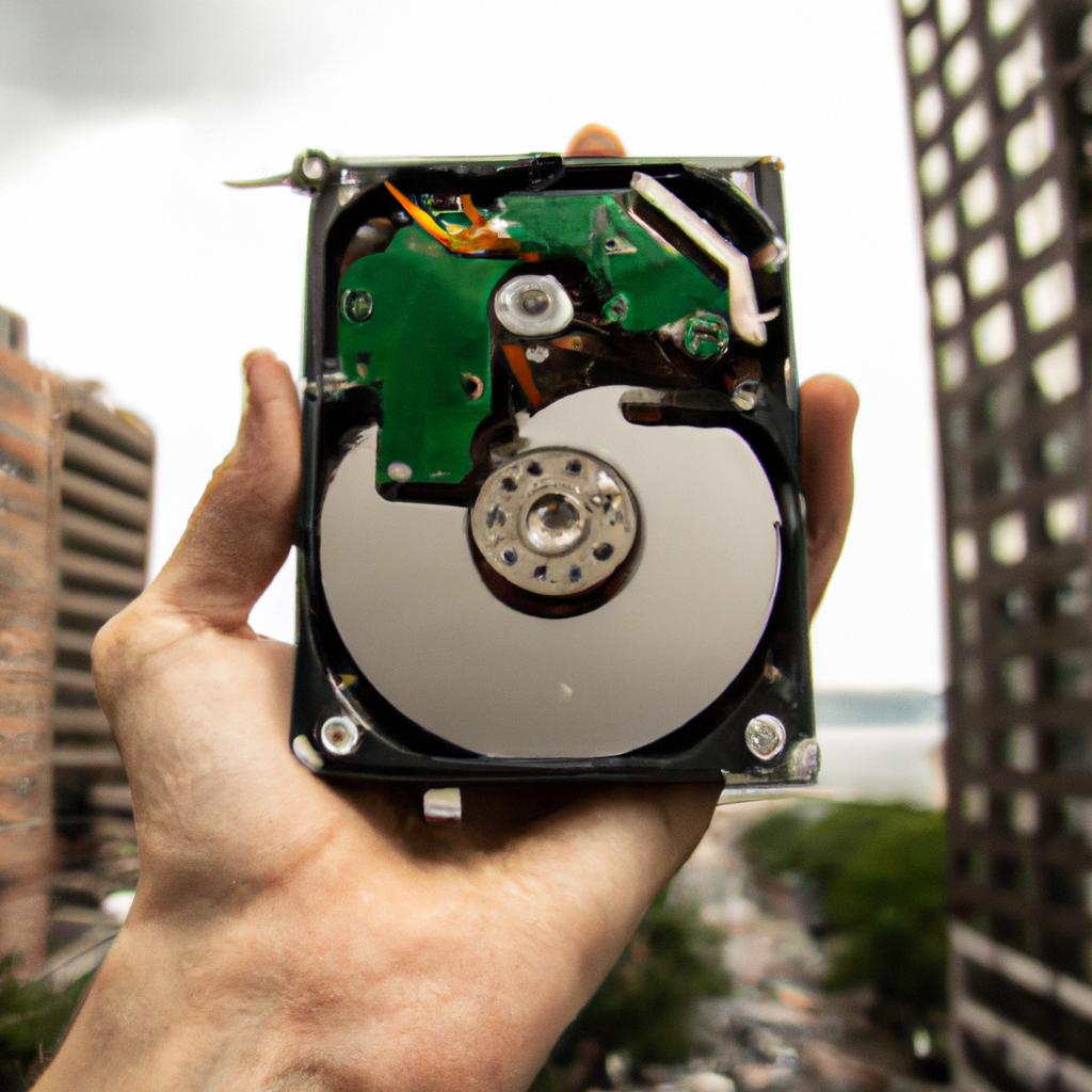 Hoping to recover lost data, a person holds a damaged hard drive in New York